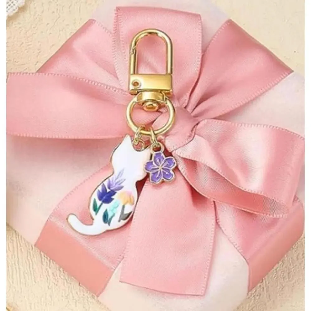 Cat Key Chain Purse Charm Women’s Gold Floral Animal Print - Picture 2 of 4